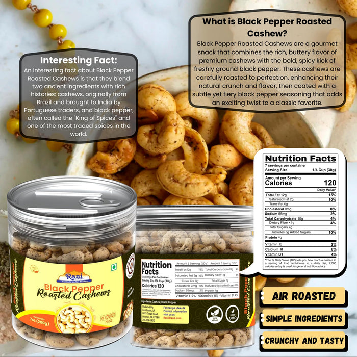 Rani Black Pepper Roasted Cashews 7oz (200g) PET Jar, Non-Fried, Oil Free ~ All Natural | Vegan | Gluten Friendly | NON-GMO | Kosher | Air Roasted, Crunchy & Flavorful