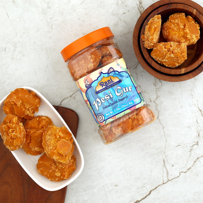 Rani Pesi Gur (Jaggery) Indian Unrefined Raw Cane Sugar 35oz (2.2lbs) 1kg PET Jar ~ Gluten Friendly | Vegan | NON-GMO | Kosher | No Salt or fillers | Indian Product