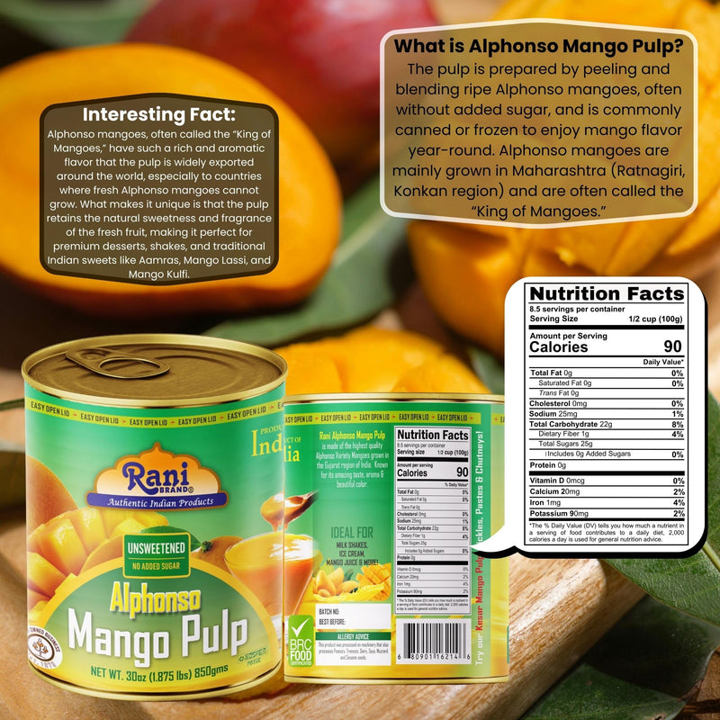 Rani Mango Pulp Puree (Makes Mango Lassi Shakes) Alphonso Unsweetened 30oz (1.875lbs) 850g ~ Kosher | All Natural | NON-GMO | Vegan | No colors | Gluten Friendly | Indian Origin