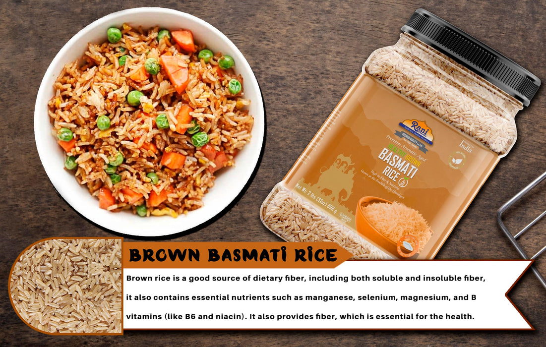 Rani Brown Basmati Rice Extra Long Aged 32oz (2lbs) 908g PET Jar ~ All Natural | Gluten Friendly | Vegan | Indian Origin | Kosher | Export Quality