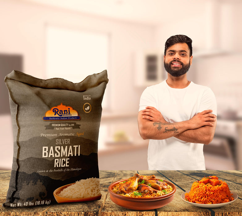 Rani Silver White Basmati Rice Extra Long Aged 40-Pound Bag, 640oz (40lbs) 18.16kg ~ All Natural | Gluten Friendly | Vegan | Indian Origin | Kosher | Export Quality