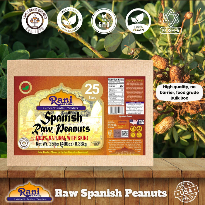 Rani Raw Spanish Peanuts 100% Natural with Skin (uncooked, unsalted) 25lbs (400oz) 11.36kg Bulk Box ~ Vegan | Gluten Friendly | Fresh Product of USA | Kosher | Red-brown Skin