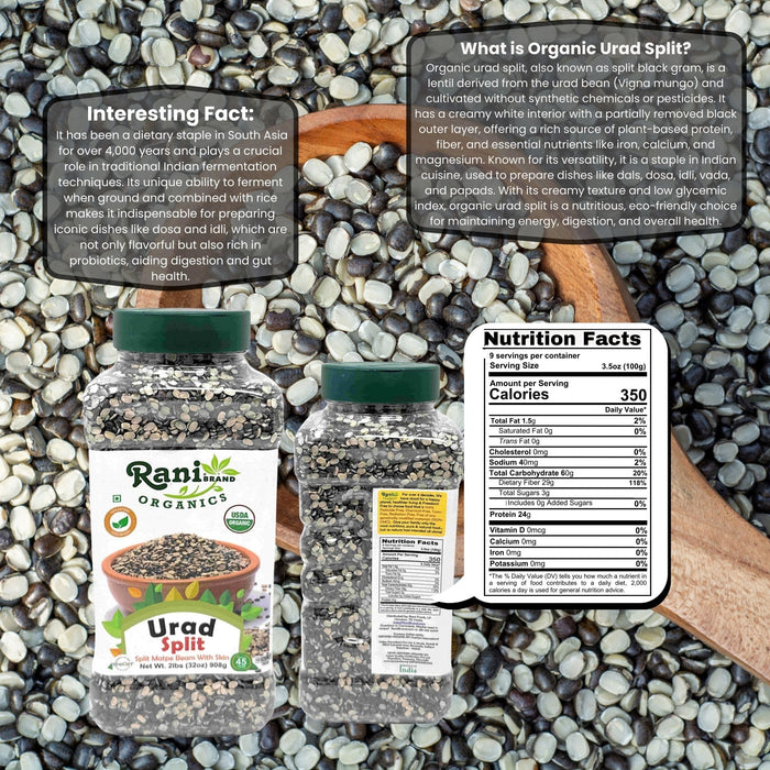 Rani Organic Urid/Urad Split Chilka (Split Matpe Beans with Skin) 32oz (2lbs) 908g PET Jar ~ All Natural | Gluten Friendly | Non-GMO | Kosher | Vegan | Indian Origin | USDA Certified Organic