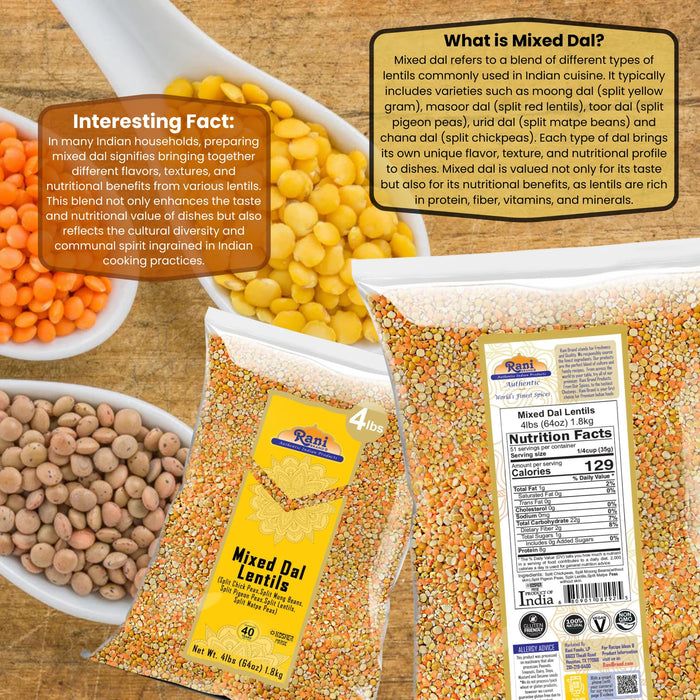 Rani Mixed Dal (Chana Dal, Moong Dal, Toor Dal, Masoor Dal, Urad Dal) 64oz (4lbs) 1.81kg Bulk ~ All Natural | Gluten Friendly | NON-GMO | Kosher | Vegan | Indian Origin