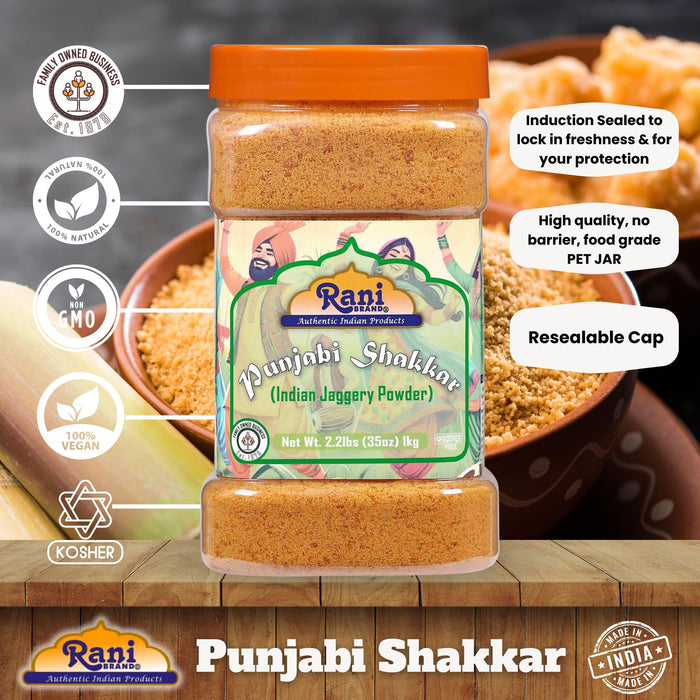 Rani Punjabi Shakkar (Gur Jaggery Powder) Indian Unrefined Raw Cane Sugar 35oz (2.2lbs) 1kg PET Jar ~ Gluten Friendly | Vegan | Kosher | NON-GMO | No Salt or fillers | Indian Product