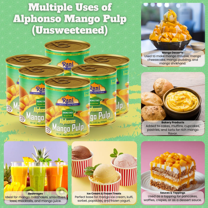 Rani Mango Pulp Puree (Makes Mango Lassi Shakes) Alphonso Unsweetened 30oz (1.875lbs) 850g Pack of 6 ~ Kosher | All Natural | NON-GMO | Vegan | No colors | Gluten Friendly | Indian Origin