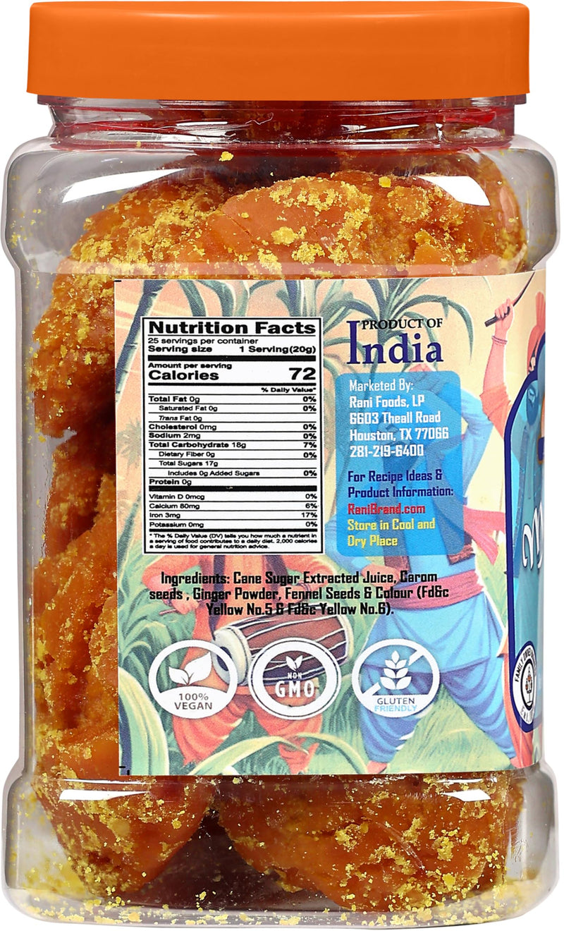 Rani Masala Gur (Jaggery) Indian Unrefined Raw Cane Sugar 17.5oz (1.1lbs) 500g PET Jar ~ Gluten Friendly | Vegan | NON-GMO | Kosher | No Salt or fillers