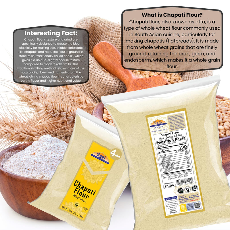 Rani Chapati Flour (100% Pure Whole Wheat Chakki Atta), For Making Roti & Indian Breads 64oz (4lbs) 1.81kg Bulk ~ All Natural | Vegan | No Salt or Colors | NON-GMO | Kosher | Indian Origin