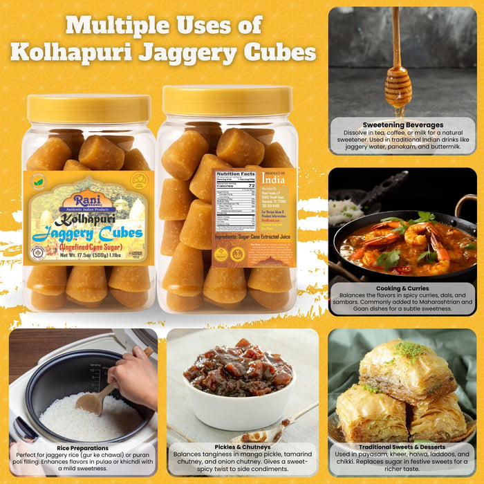 Rani Kolhapuri Jaggery Cubes (Unrefined Cane Sugar) 17.5oz (1.1lbs) 500g PET Jar ~ All Natural, No Color added, Gluten Friendly | Vegan | NON-GMO | Kosher | No Salt or fillers