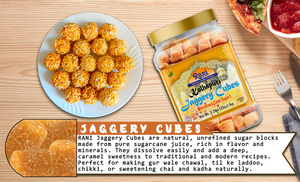 Rani Kolhapuri Jaggery Cubes (Unrefined Cane Sugar) 35oz (2.2bs) 1kg PET Jar ~ All Natural, No Color added, Gluten Friendly | Vegan | NON-GMO | Kosher | No Salt or fillers