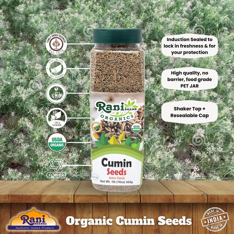 Rani Organic Cumin Seeds Whole (Jeera Sabut) 16oz (1lb) 454g PET Jar ~ All Natural | Vegan | Gluten Friendly | NON-GMO | Kosher | Indian Origin | USDA Certified Organic