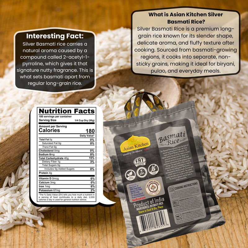 Asian Kitchen Silver White Basmati Rice Aged, 20 Pound (20lbs, 9.08kg) ~ All Natural | Gluten Friendly | Vegan | Indian Origin | Export Quality