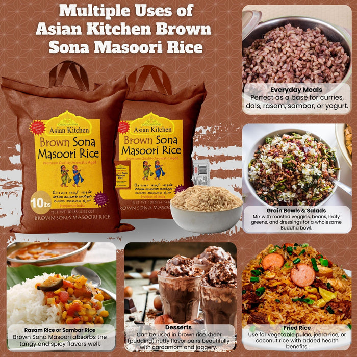 Asian Kitchen Brown Sona Masoori Aged Rice 10lbs (4.54kg) Short Grain Rice ~ All Natural | Gluten Friendly | Vegan | Kosher | Indian Origin | Export Quality