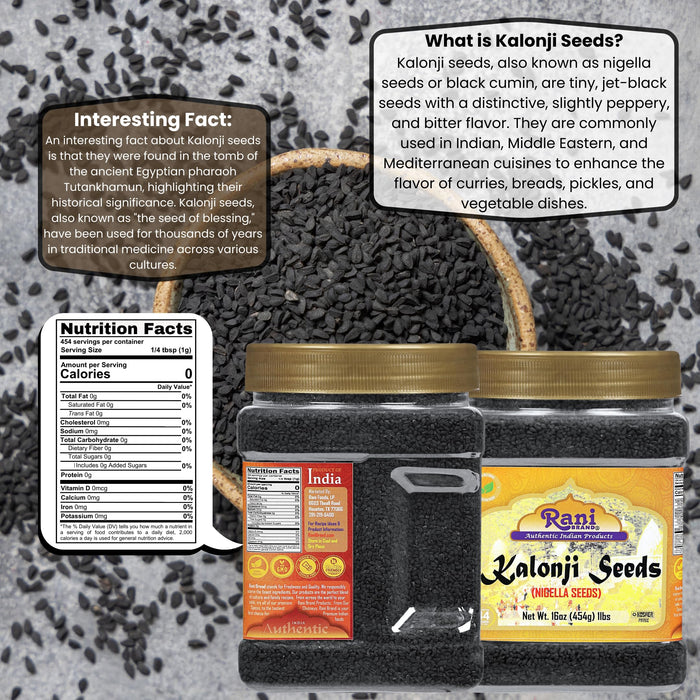 Rani Kalonji Seeds Whole (Black Seed, Nigella Sativa, Black Cumin) 16oz (1lb ) 454g PET Jar ~ All Natural | Gluten Friendly | NON-GMO | Kosher | Vegan