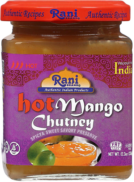 Rani Hot Mango Chutney (Spicy Indian Preserve) 12.5oz (350g) Glass Jar, Ready to eat, Vegan, Pack of 5+1 FREE ~ Gluten Free, All Natural, NON-GMO | Kosher