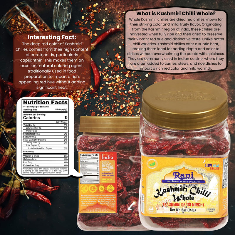 Rani Kashmiri Chilli Whole Stemless (Deggi Mirch) 5oz (141g) PET Jar ~ Natural | Salt-Free | Vegan | Gluten Friendly | Kosher | NON-GMO