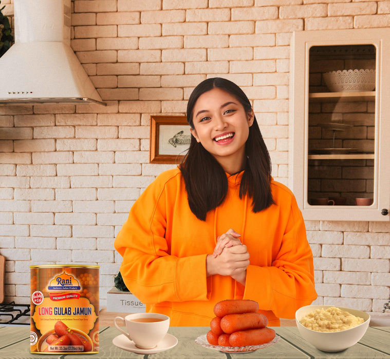 Rani Gulab Jamun Long (w/ Cardamom Flavored Sugar Syrup) 35.3oz (2.2lbs) 1kg, Pack of 2, Approximately 14 pieces, Easy Open Lid ~ Ready to eat | Vegan | Non-GMO | Kosher | Indian Origin