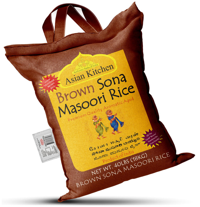 Asian Kitchen Brown Sona Masoori Aged Rice 40-Pound Bag, 40lbs (18.14kg) Short Grain Rice ~ All Natural | Gluten Friendly | Vegan | Kosher | Indian Origin | Export Quality
