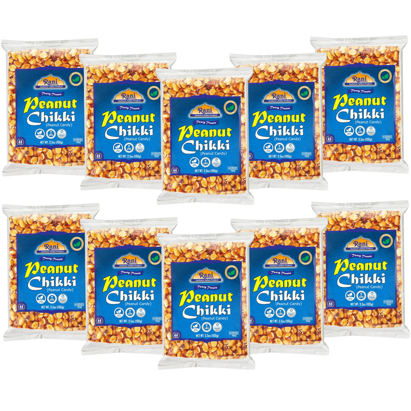 Rani Peanut Chikki (Brittle Candy) 100g (3.5oz) x Pack of 10 ~ All Natural | Vegan | Kosher | No colors | Gluten Friendly | Indian Origin