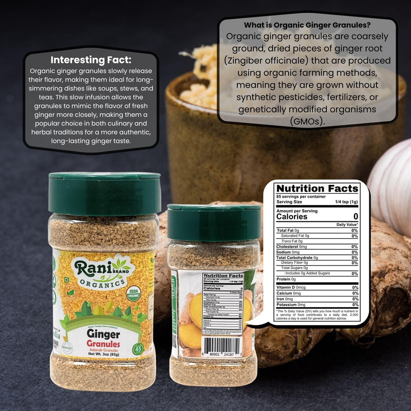 Rani Organic Granulated Ginger (Adarak Granules) 3oz (85g) PET Jar ~ All Natural | Gluten Friendly | Vegan | NON-GMO | Kosher | No Salt or fillers | Indian Origin | USDA Certified Organic
