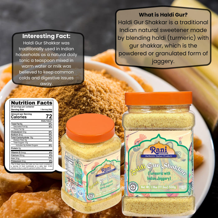 Rani Haldi Gur Shakkar (Turmeric with Indian Jaggery) Indian Unrefined Raw Cane Sugar 17.5oz (1.1lbs) 500g PET Jar ~ Gluten Friendly | Vegan | NON-GMO | Kosher | No Salt or fillers | Indian Product