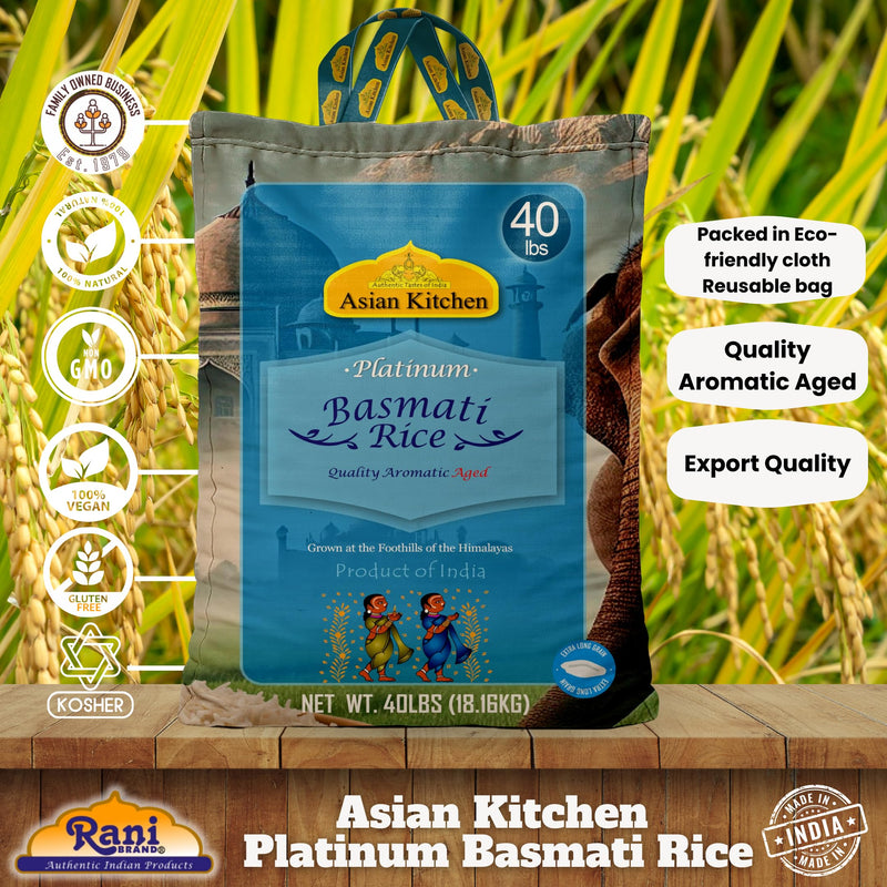 Asian Kitchen Platinum White Basmati Rice Extra Long Aged 40lbs (18.18kg) ~ All Natural | Gluten Friendly | Vegan | Indian Origin | Export Quality