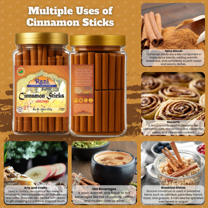 Rani Cinnamon Sticks 14oz (400g) PET Jar - 72-88 Sticks - Strong Aroma, Perfect for Baking, Cooking & Beverages | 3+ Inches Length - Cassia Saigon Cinnamon from Vietnam | Kosher