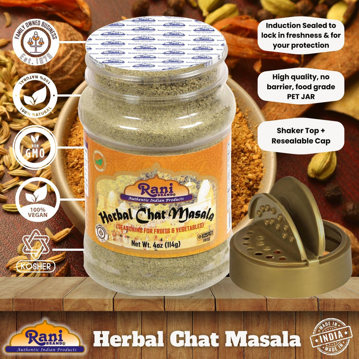 Rani Herbal Chat Masala (Seasoning for Fruits & Vegetable) Tangy Indian Seasoning 4oz (113g) PET Jar ~ All Natural | No MSG | Vegan | No Colors | Gluten Friendly | NON-GMO | Kosher | Indian Origin