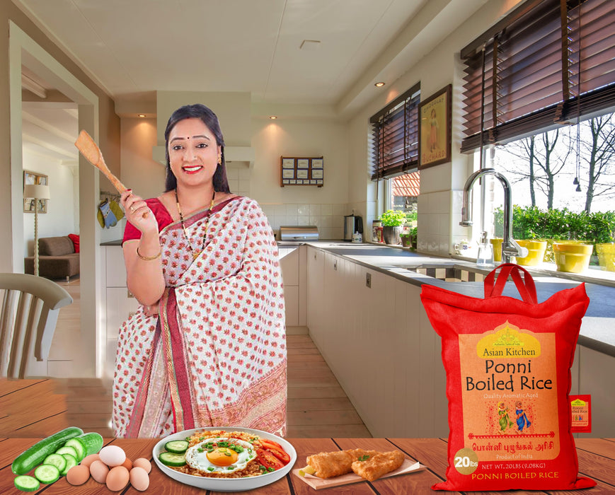 Asian Kitchen Ponni Boiled Rice 20-Pound Bag, 20lbs (9.08kg) Short Grain Par Boiled Rice ~ Natural | Gluten Friendly | Vegan