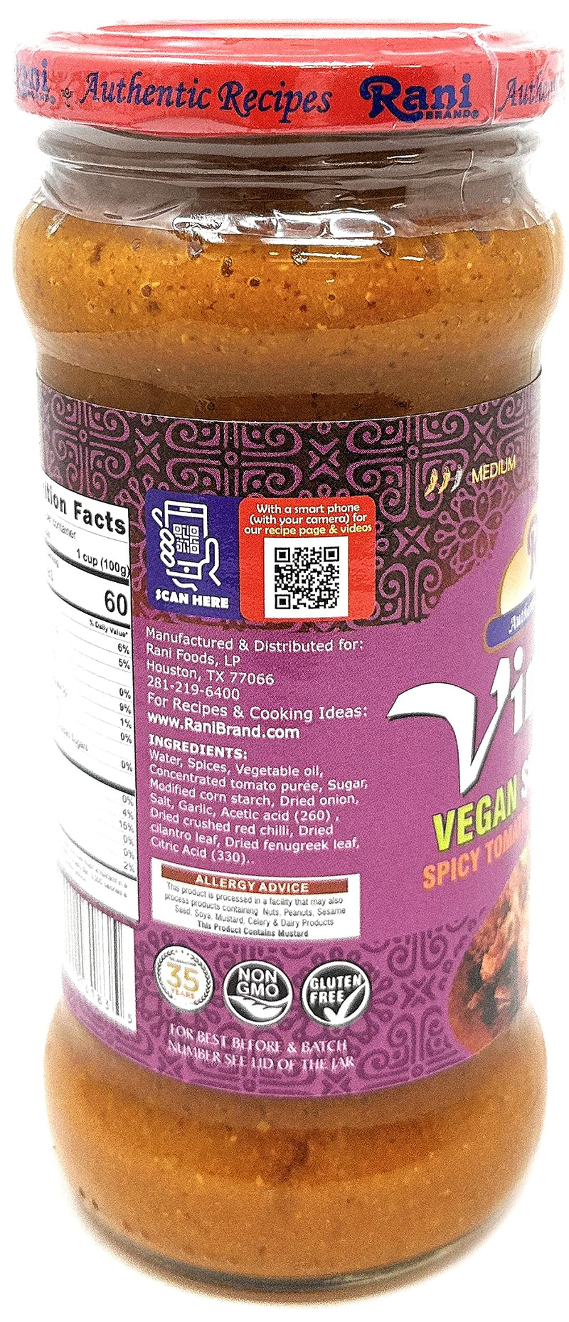 Rani Vindaloo Curry Vegan Simmer Sauce (Spicy Tomato, Red Peppers & Spices) 14oz (400g) Glass Jar ~ Easy to Use | Vegan | No Colors | All Natural | NON-GMO