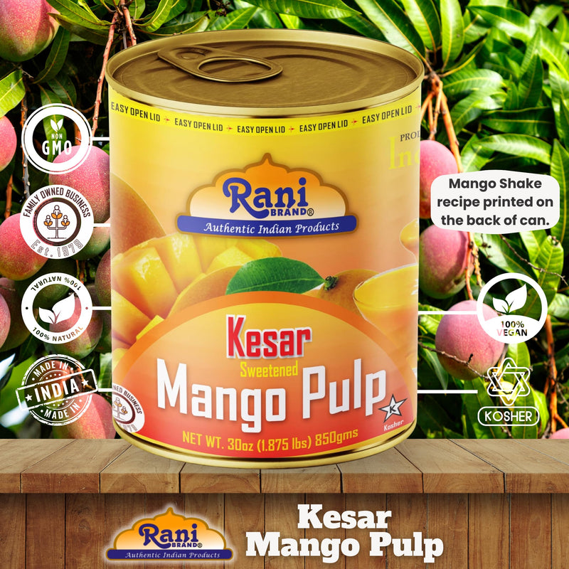 Rani Mango Pulp Puree (Makes Mango Lassi Shakes) Kesar Sweetened 30oz (1.875lbs) 850g Pack of 18 ~ Kosher | All Natural | NON-GMO | Vegan | No colors | Gluten Friendly | Indian Origin