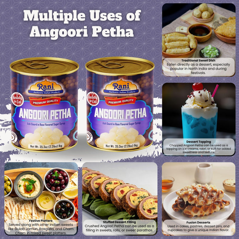 Rani Angoori Petha (Ash Gourd In Rose Flavored Sugar Syrup) 35.3oz (2.2lbs) 1kg, Pack of 2, Approximately 14 pieces, Easy Open Lid ~ Ready to eat | Gluten Free | Non-GMO | Kosher | Indian Origin