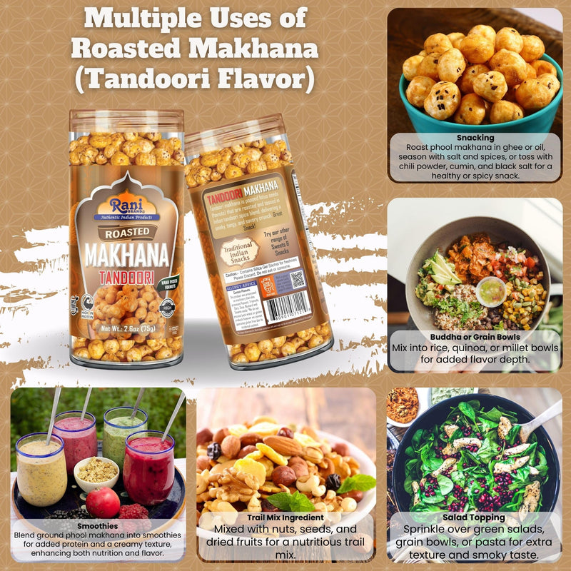Rani Roasted Makhana (Fox Nut/Popped Lotus Seed) Tandoori Flavor 2.6oz (75g) Ready to eat, Hand Picked Foxnuts ~ High in Protein | Vegan | Gluten Friendly | NON-GMO | Kosher | Indian Origin