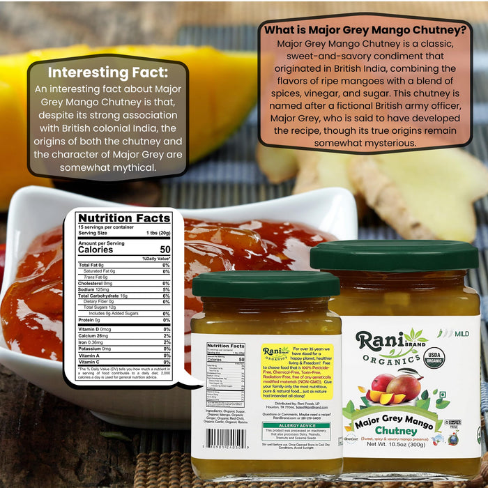 Rani Organic Major Grey Mango Chutney (Indian Preserve) 10.5oz (300g) Glass Jar, Ready to eat ~ All Natural | Vegan | Gluten Free | No Colors | NON-GMO | Kosher | Indian Origin | USDA Certified Organic