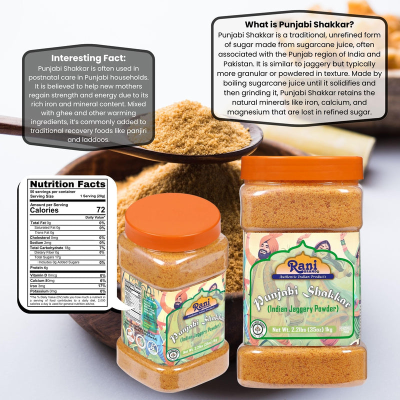 Rani Punjabi Shakkar (Gur Jaggery Powder) Indian Unrefined Raw Cane Sugar 35oz (2.2lbs) 1kg PET Jar ~ Gluten Friendly | Vegan | Kosher | NON-GMO | No Salt or fillers | Indian Product