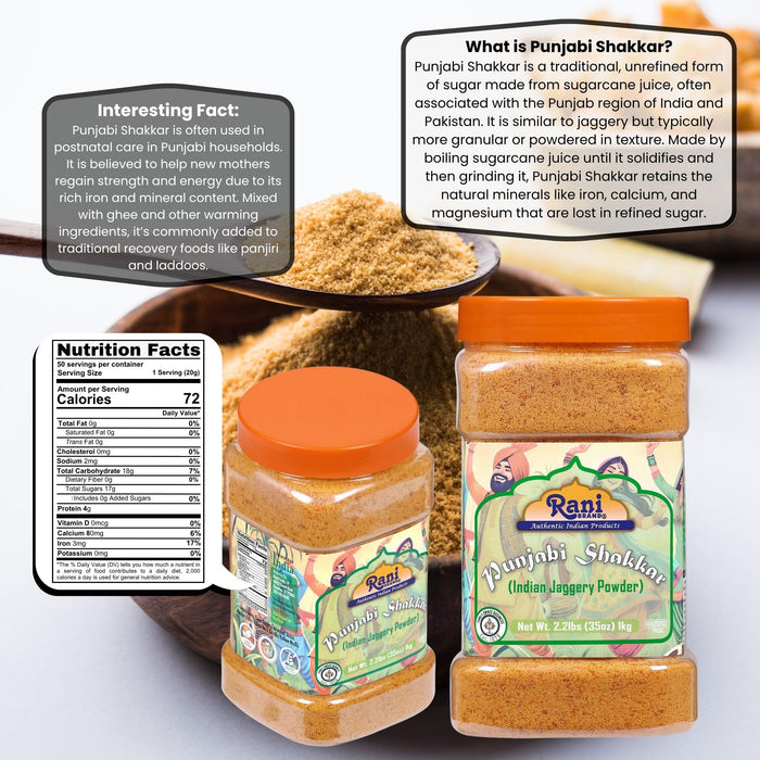 Rani Punjabi Shakkar (Gur Jaggery Powder) Indian Unrefined Raw Cane Sugar 35oz (2.2lbs) 1kg PET Jar ~ Gluten Friendly | Vegan | Kosher | NON-GMO | No Salt or fillers | Indian Product
