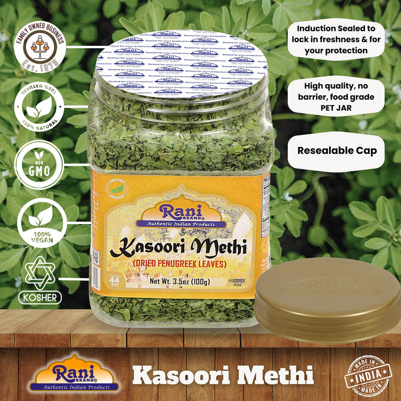 Rani Fenugreek Leaves Dried, All Natural (Kasoori Methi) 3.5oz (100g) PET Jar ~ All Natural | Gluten Friendly | Non-GMO | Kosher | Vegan