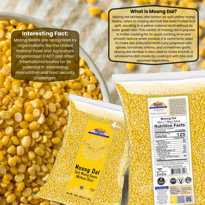 Rani Moong Dal (Split Mung Beans without skin) Indian Lentils, 64oz (4lbs) 1.81kg ~ All Natural | Gluten Friendly | NON-GMO | Kosher | Vegan | Indian Origin