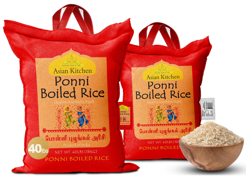 Asian Kitchen Ponni Boiled Rice 40-Pound Bag, 40lbs (18.14kg) Short Grain Rice ~ All Natural | Gluten Friendly | Vegan | Indian Origin | Export Quality