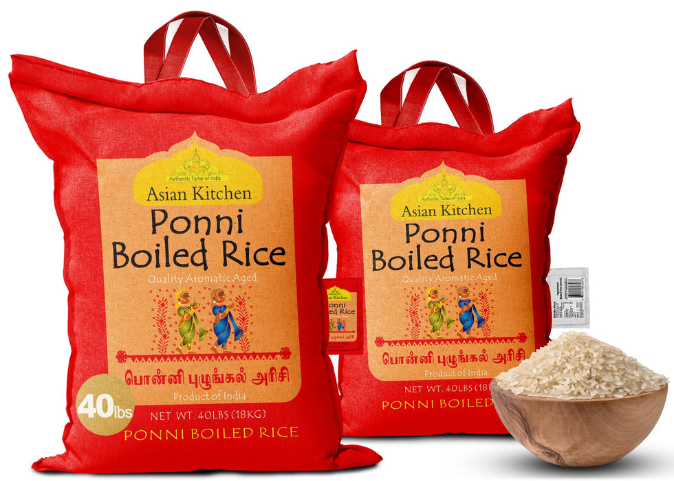 Asian Kitchen Ponni Boiled Rice 40-Pound Bag, 40lbs (18.14kg) Short Grain Rice ~ All Natural | Gluten Friendly | Vegan | Indian Origin | Export Quality