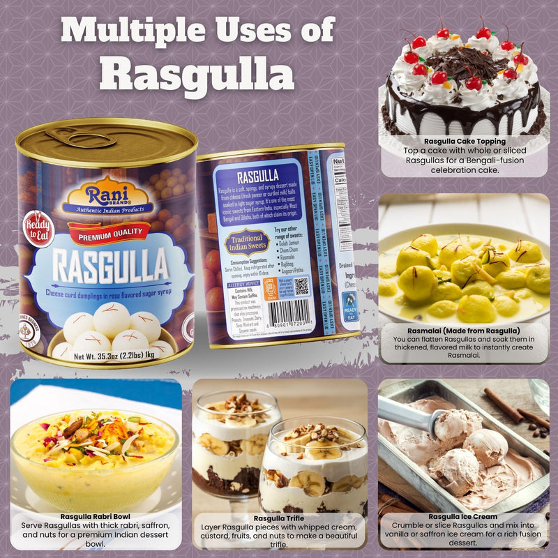 Rani Rasgulla (Cheese Curd Dumplings in Rose Flavor) 35.3oz (2.2lbs) 1kg, Approximately 14 pieces, Easy Open Lid ~ Ready to eat | Gluten Friendly | Vegan | Non-GMO | Kosher | Indian Origin