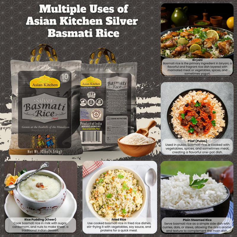 Asian Kitchen Silver White Basmati Rice Aged, 10 Pound (10lbs, 4.54kg) ~ All Natural | Gluten Friendly | Vegan | Indian Origin | Export Quality