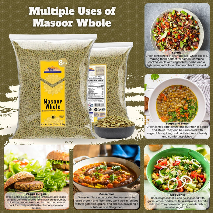 Rani Masoor Whole (Green Lentils Whole With Skin) 128oz (8lbs) 3.63kg Bulk ~ All Natural | Vegan | Gluten Friendly | Non-GMO | Kosher | Product of USA