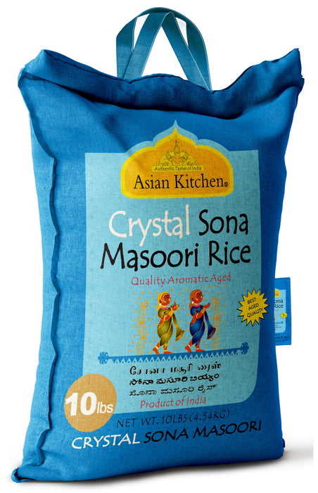 Asian Kitchen Crystal Sona Masoori Aged Rice 10lbs (4.54kg) Short Grain Rice ~ All Natural | Gluten Friendly | Vegan | Kosher | Indian Origin | Export Quality