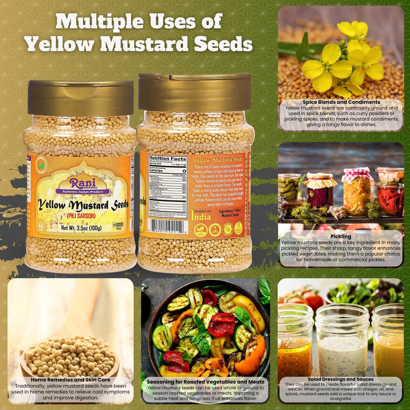 Rani Yellow Mustard Seeds Whole Spice 3.5oz (100g) Jar ~ Ideal for Pickling, Dressing and Making Ground Mustard for Cooking, All Natural | Vegan | Gluten Friendly | NON-GMO | Kosher | Indian Origin