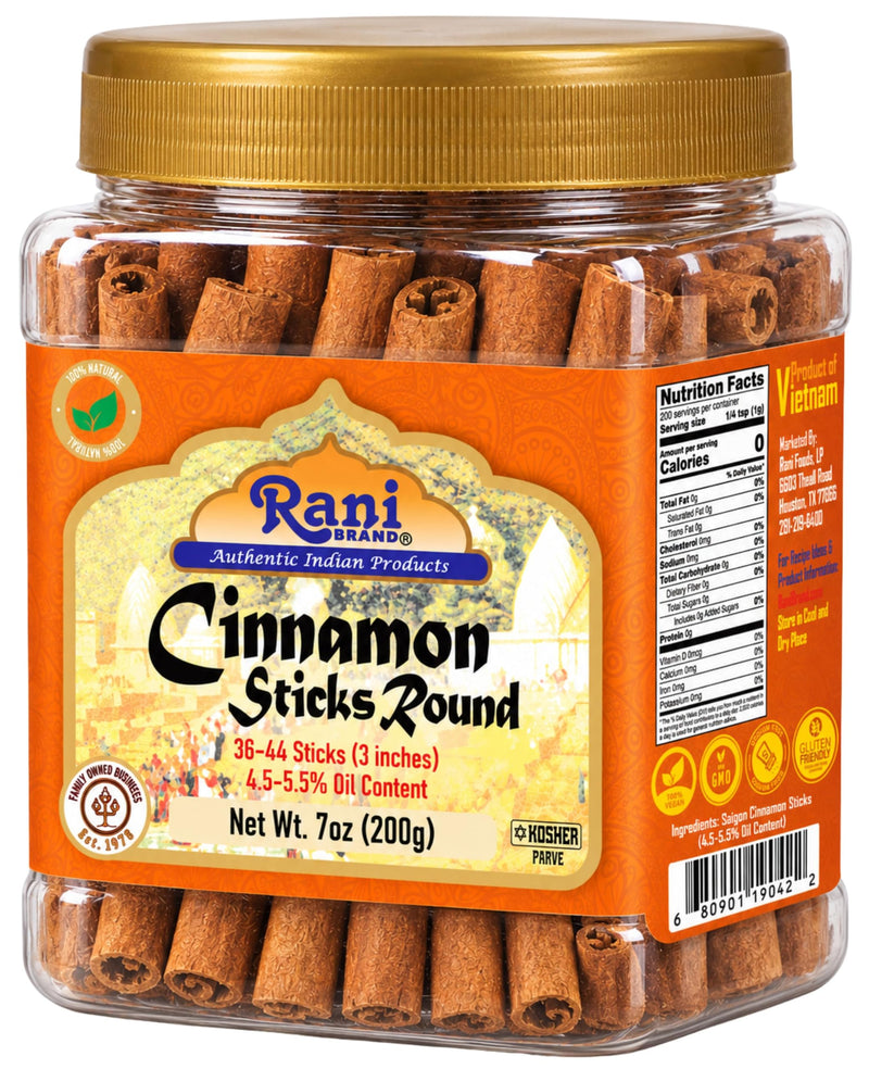 Rani Cinnamon Sticks 7oz (200g) PET Jar - 36-44 Sticks - Strong Aroma, Perfect for Baking, Cooking & Beverages | 3+ Inches Length - Cassia Saigon Cinnamon from Vietnam | Kosher