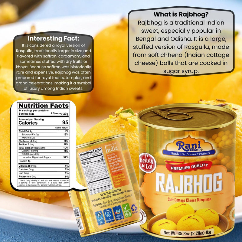 Rani Rajbhog (Soft Cottage Cheese Dumplings) 35.3oz (2.2lbs) 1kg, Pack of 6, Approximately 14 pieces, Easy Open Lid ~ Ready to eat | All Natural | Gluten Free | Non-GMO | Kosher | Indian Origin