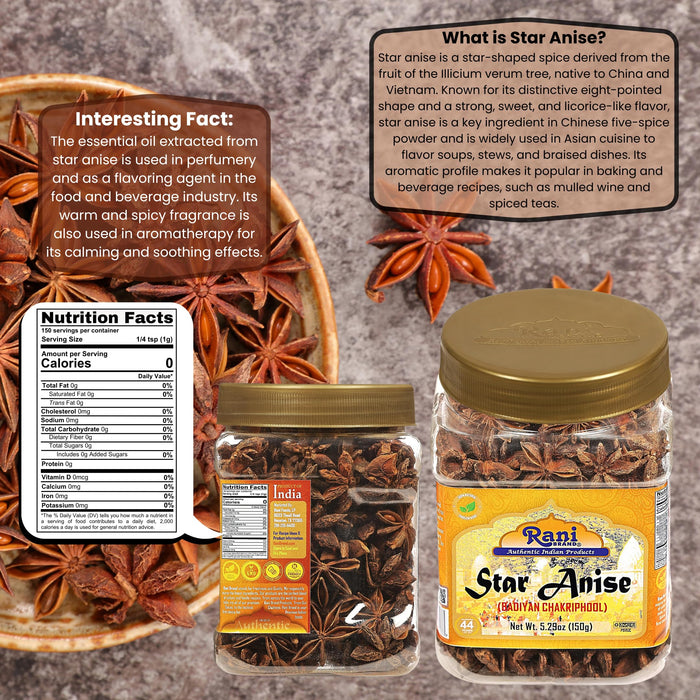 Rani Star Anise Seeds, Whole Pods (Badian Khatai) Spice 5.29oz (150g) PET Jar ~ All Natural | Gluten Friendly | NON-GMO | Vegan | Kosher | Indian Origin