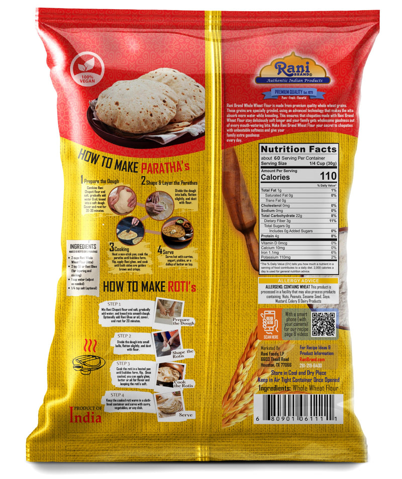 Rani Chapati Flour (100% Pure Whole Wheat Chakki Atta), For Making Roti & Indian Breads 64oz (4lbs) 1.81kg Bulk ~ All Natural | Vegan | No Salt or Colors | NON-GMO | Kosher | Indian Origin