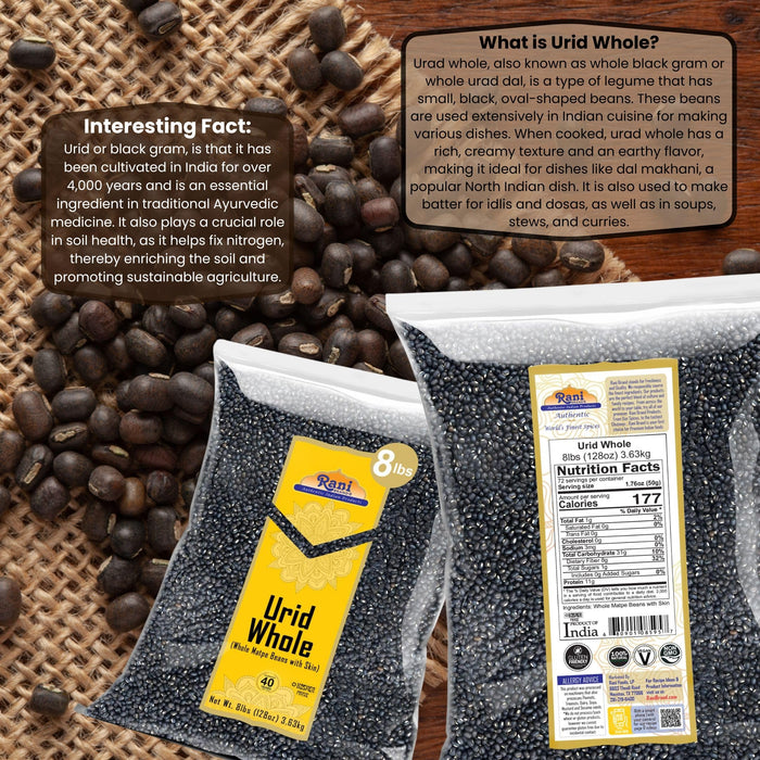 Rani Urid / Urad Whole Black (Matpe Beans) Lentils, 128oz (8lbs) 3.6kg Bulk ~ All Natural | Gluten Friendly | NON-GMO | Kosher | Vegan | Indian Origin